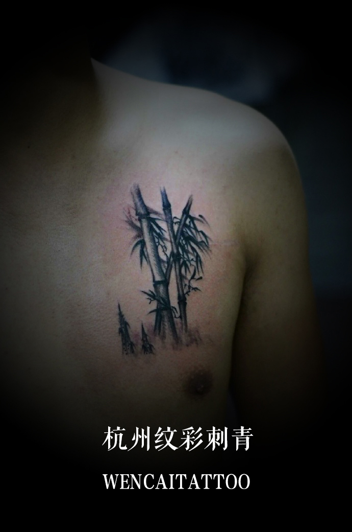 一身傲骨的文先生前胸竹子纹身图案