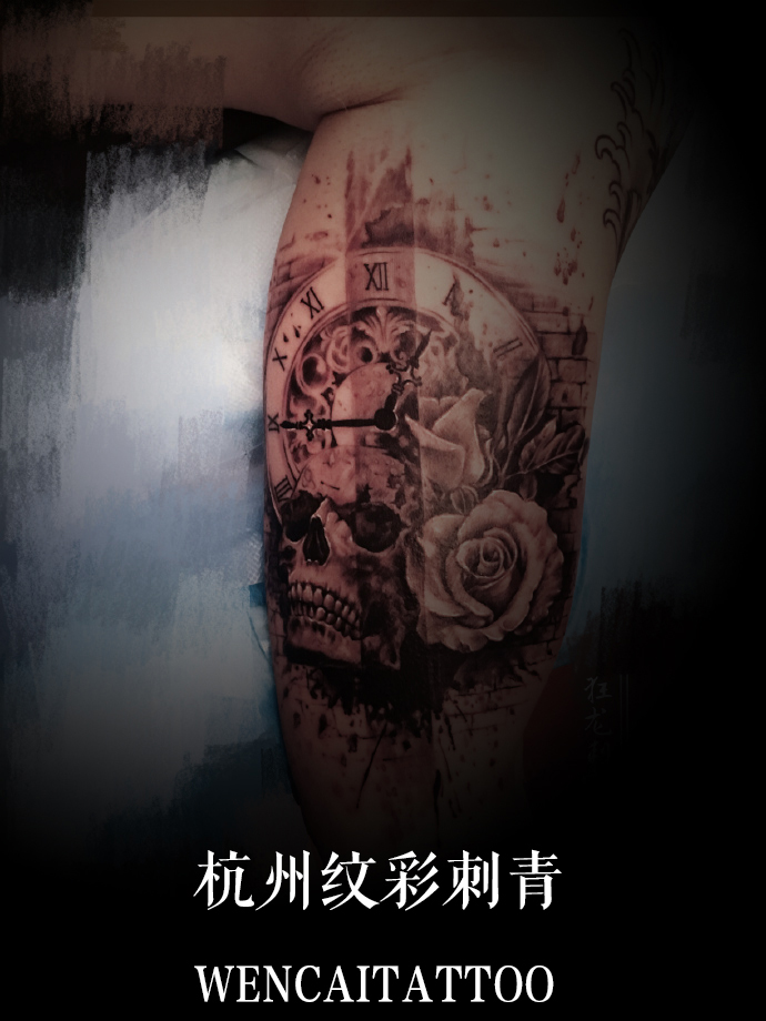 柳先生小腿时钟、骷髅、玫瑰原创纹身