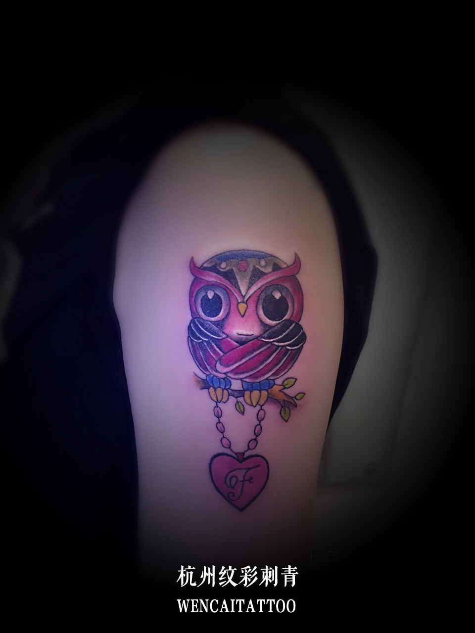 杭州陶小姐大臂上的可爱风格猫头鹰纹身图案