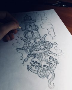 怀先生灯塔船舵船锚骷髅纹身手稿