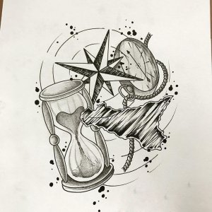龙先生指南针沙漏钟表纹身手稿
