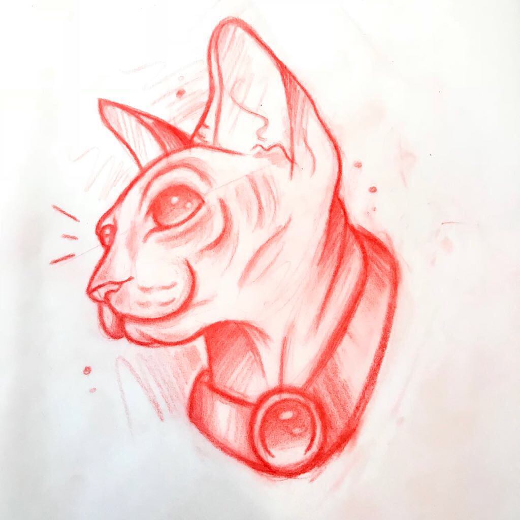 搞游戏开发的终先生斯芬克斯猫纹身手稿