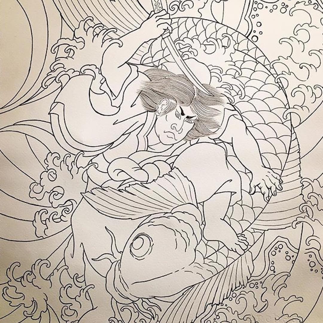 搞手机游戏的巢先生鲤鱼纹身手稿
