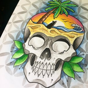 做促销员的慎先生骷髅椰树纹身手稿