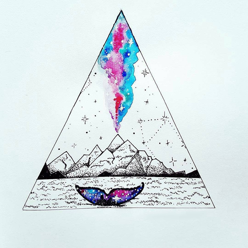 山峰水彩星空纹身手稿