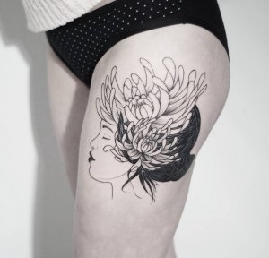大腿黑灰玫瑰菊花纹身图案