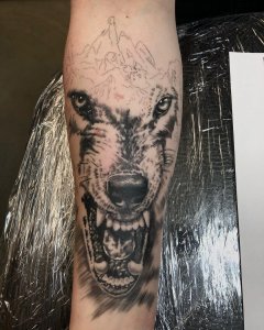 小臂黑灰写实狼首纹身图案